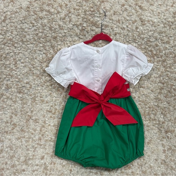 NWOT The Little Lamb white, red and green bubble romper with bow tie back 18mo - Picture 2 of 2